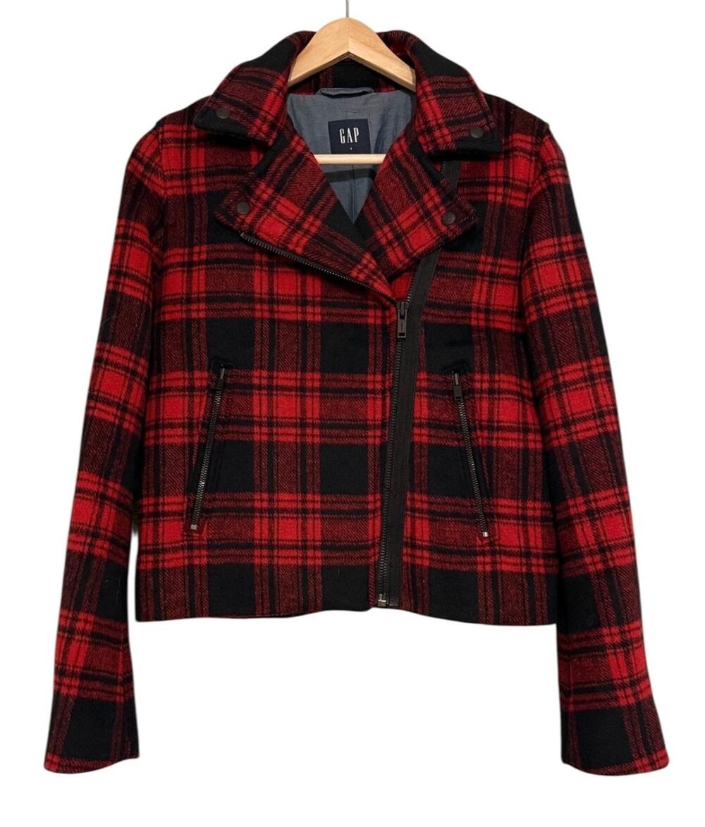 GAP Red Buffalo Plaid Moto Jacket Asymmetrical Zip Wool Blend Cropped Sm Cabin
